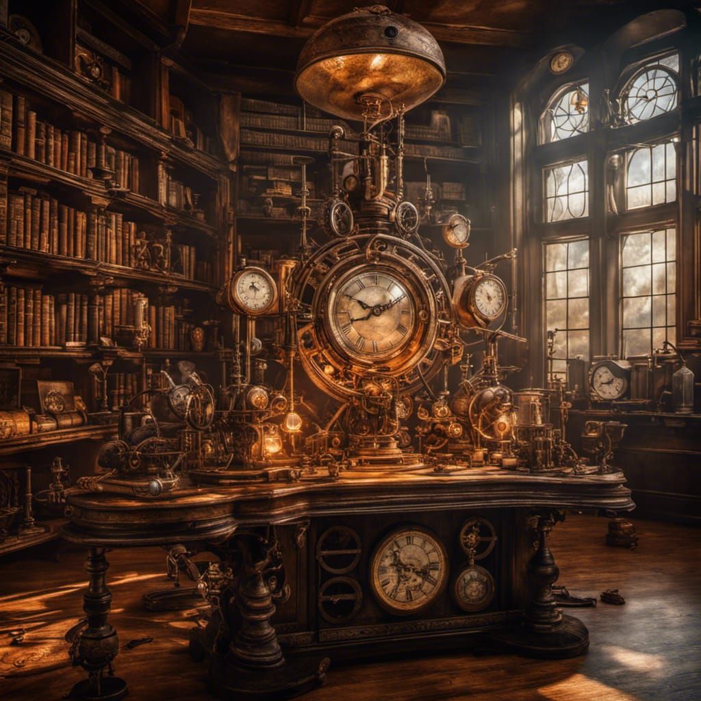 Steampunk Library with Vintage Clock