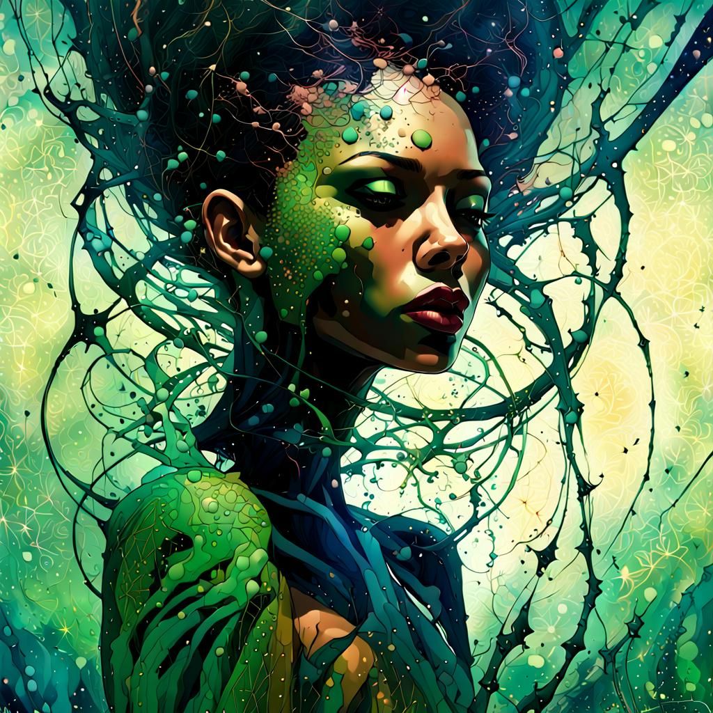 Floral Night Sky Portrait with Geometric Patterns