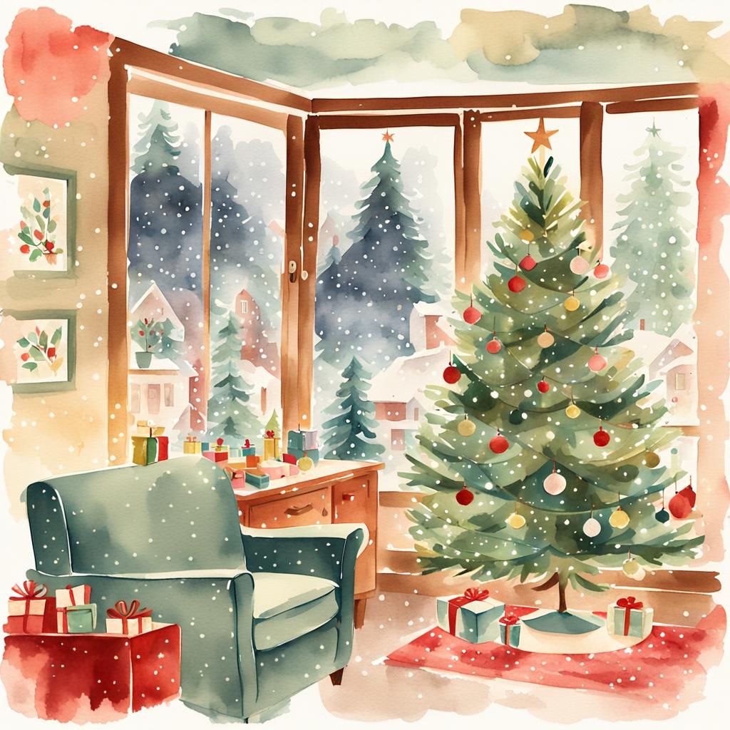 Mid-Century Modern Christmas Watercolor Illustration