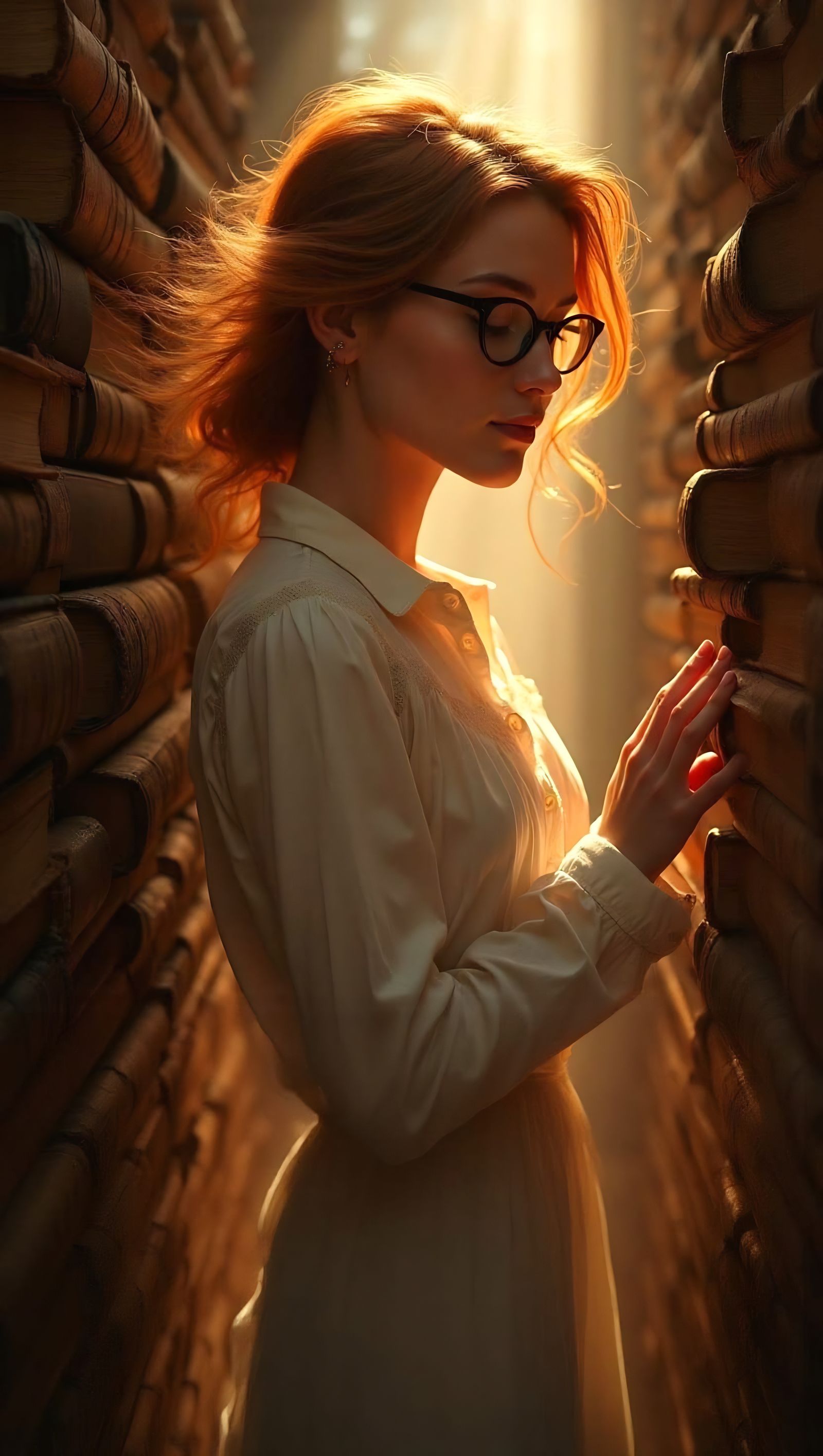 Woman in Library with Ancient Books: Dreamlike Watercolor