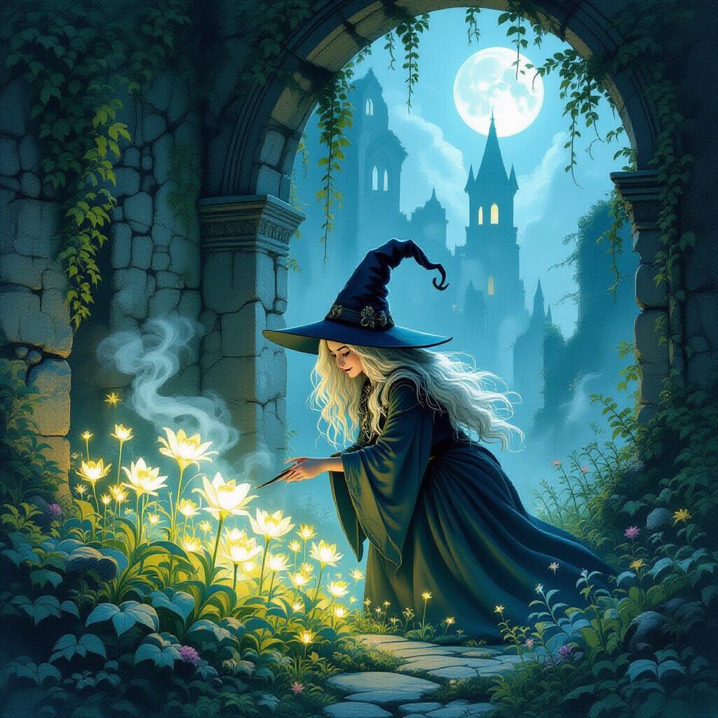Whimsical Witch Tends Spectral Garden in Moonlit Ruins
