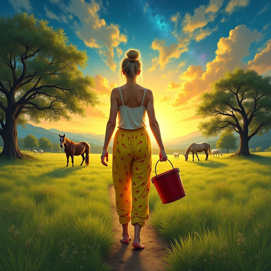 Pastoral Scene with Cosmic Sky in Pablo Amaringo Style