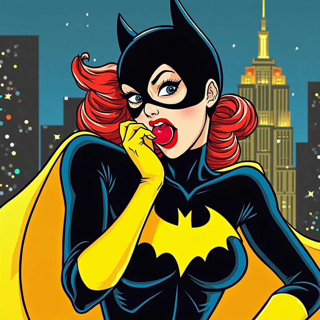Female Batgirl Bites Cherry in Pop Art Style