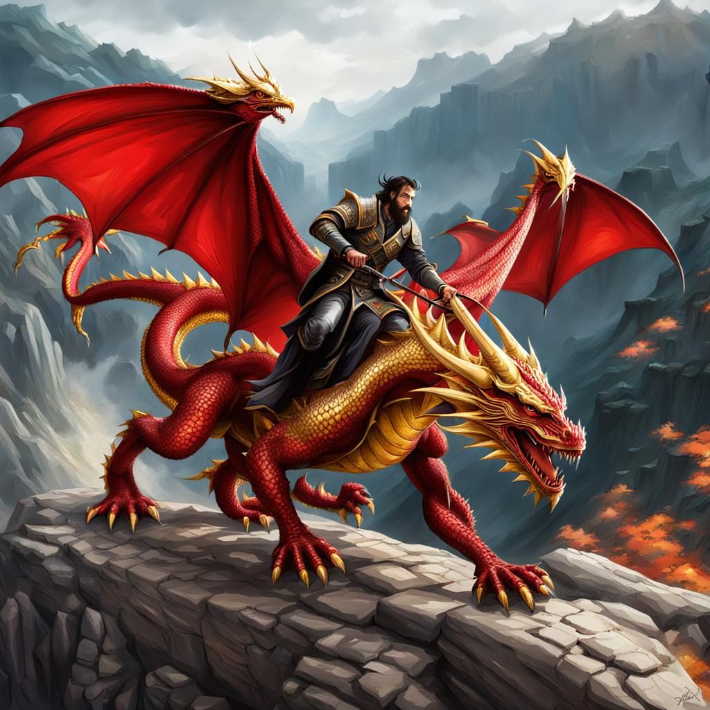 Wizard Rides Dragon in Fantasy Landscape