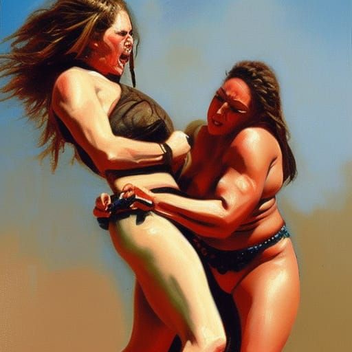 Barbarian woman wrestling with Amazon woman oil painting by James Gurney