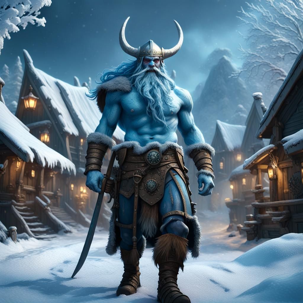 Frost Giant Vikings Raid Winter Village in Dark Fantasy Styl...