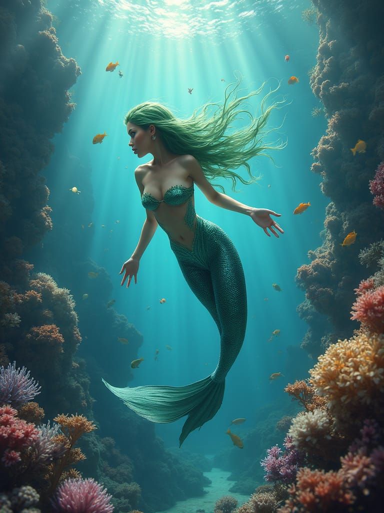 Mermaid with Shimmering Scales in Coral Reef