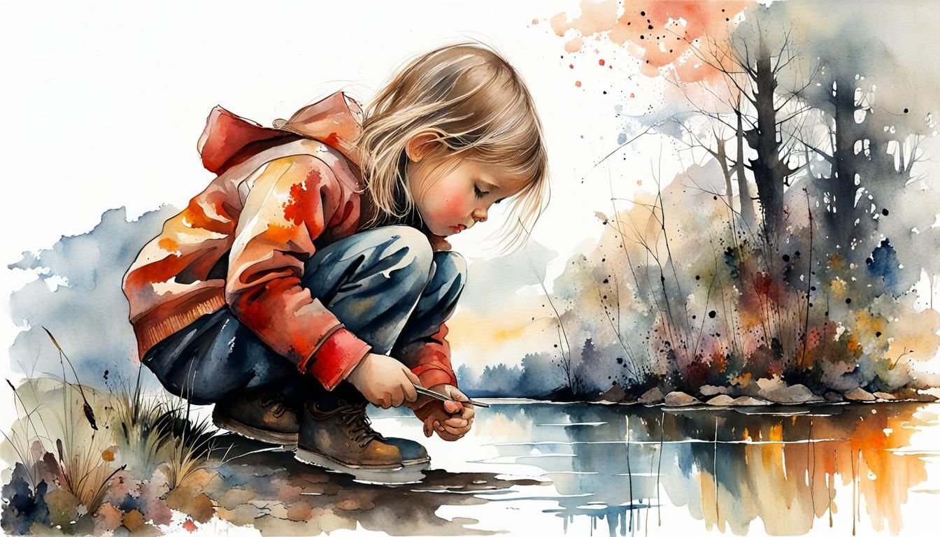 Girl at Lake: Watercolour and Ink Art Brut