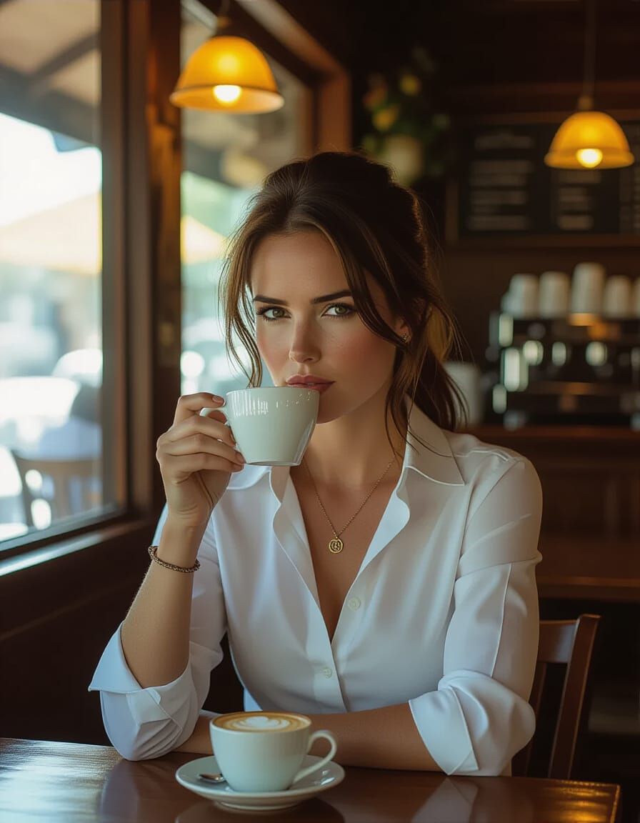 Lara Croft in Cafe: Cinematic Film Still