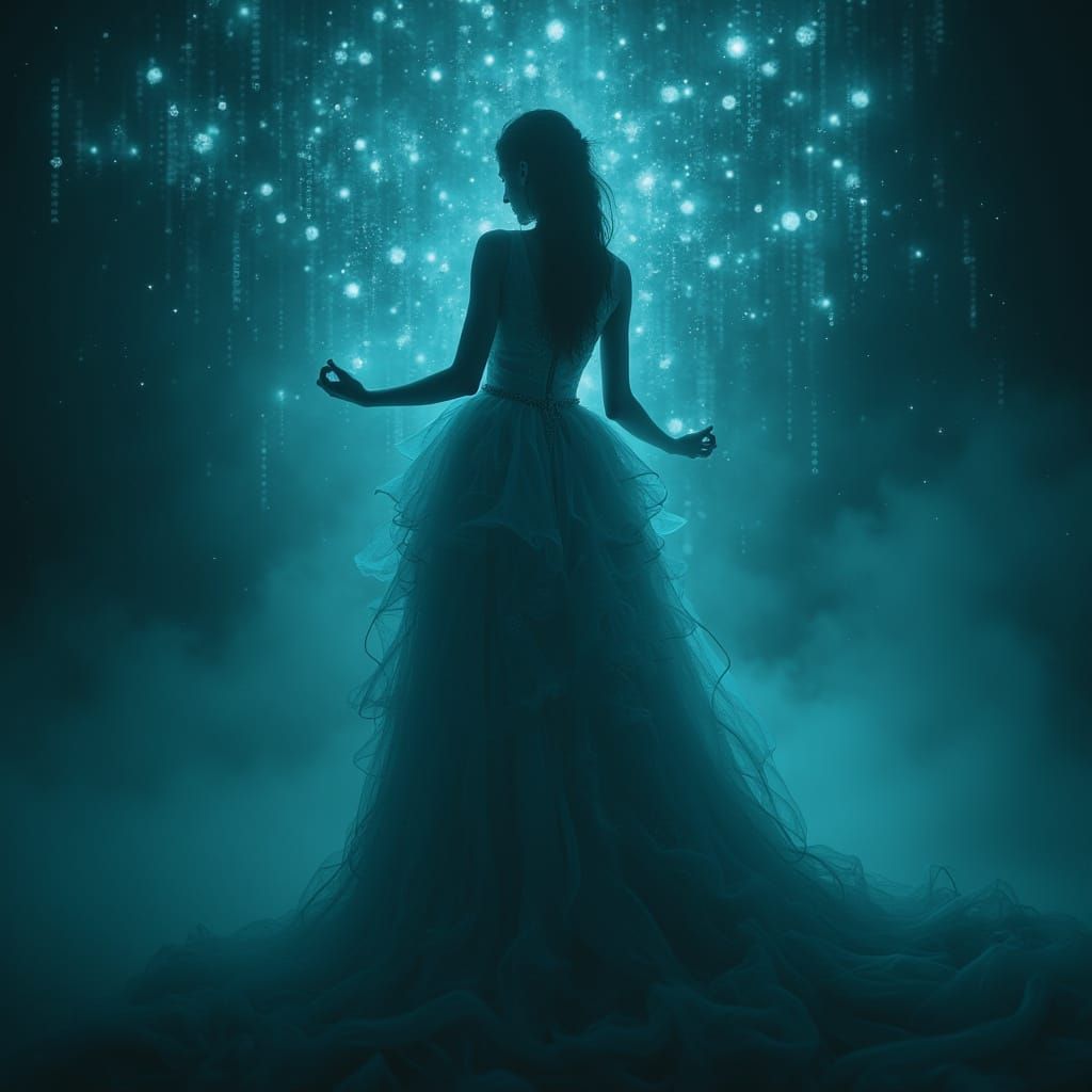 Woman in Digital Network, Renaissance Gown, Futuristic Mysti...