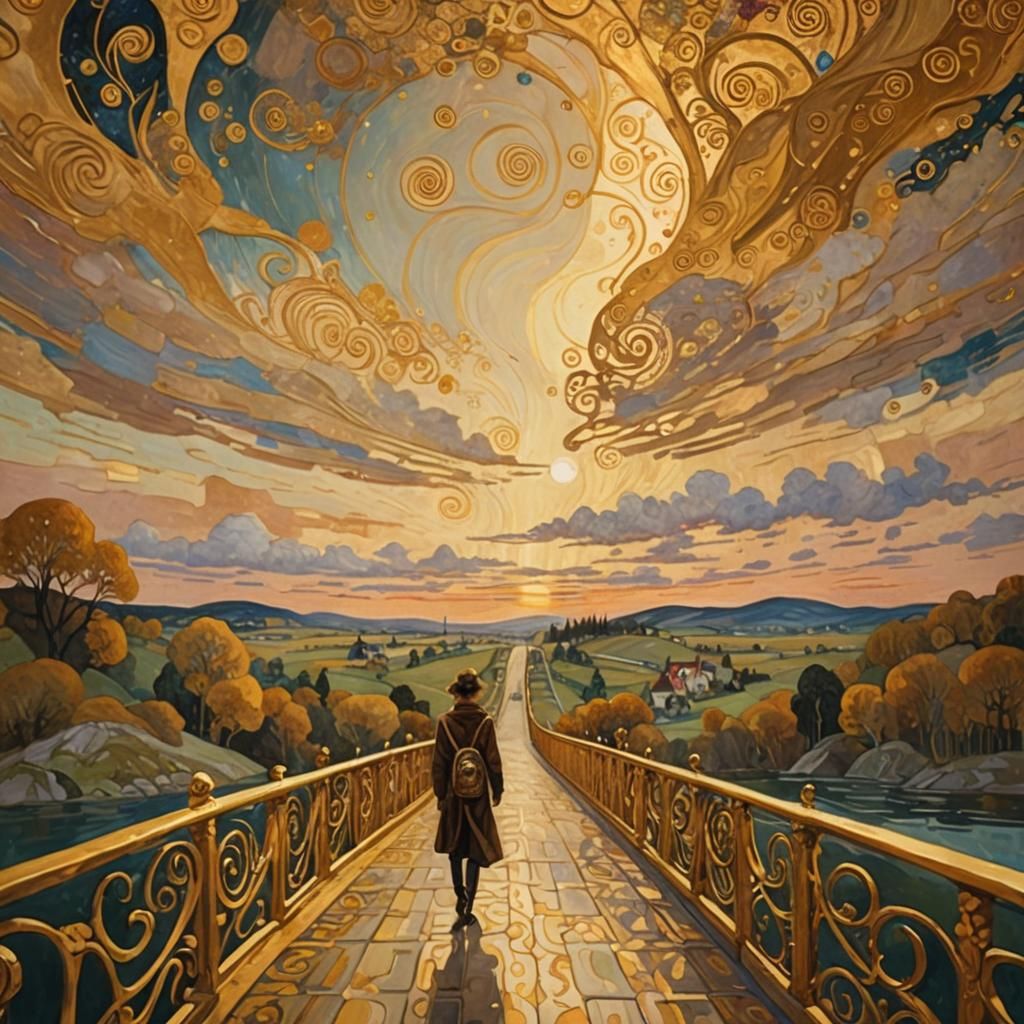 Traveler on Bridge in Gustav Klimt Style