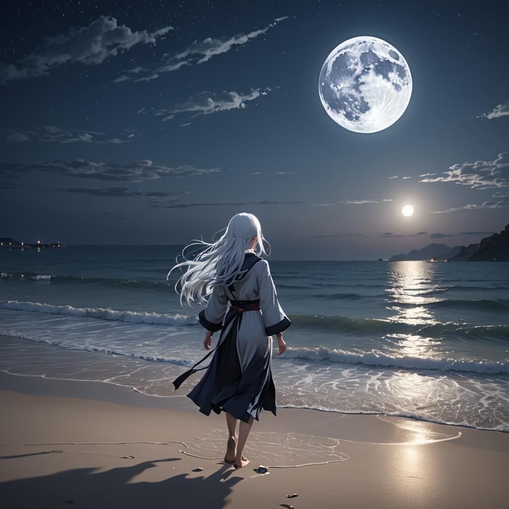 A Girl Standing On a Beach Staring At The Moon