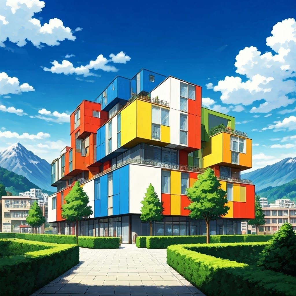 Vibrant Cubist Apartment Building in Anime-Inspired Style