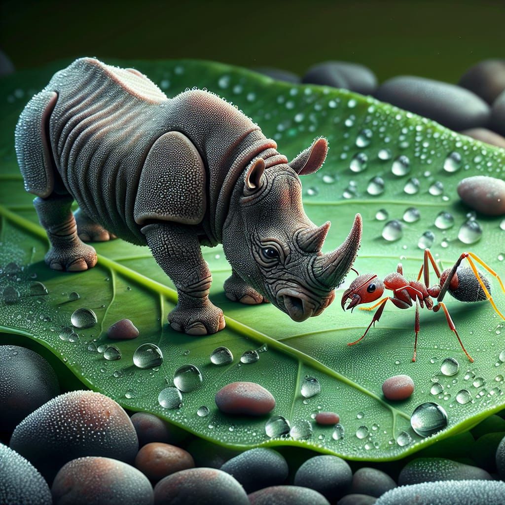 Surreal Hyperrealistic Rhino Battles Ant on Dewy Leaf