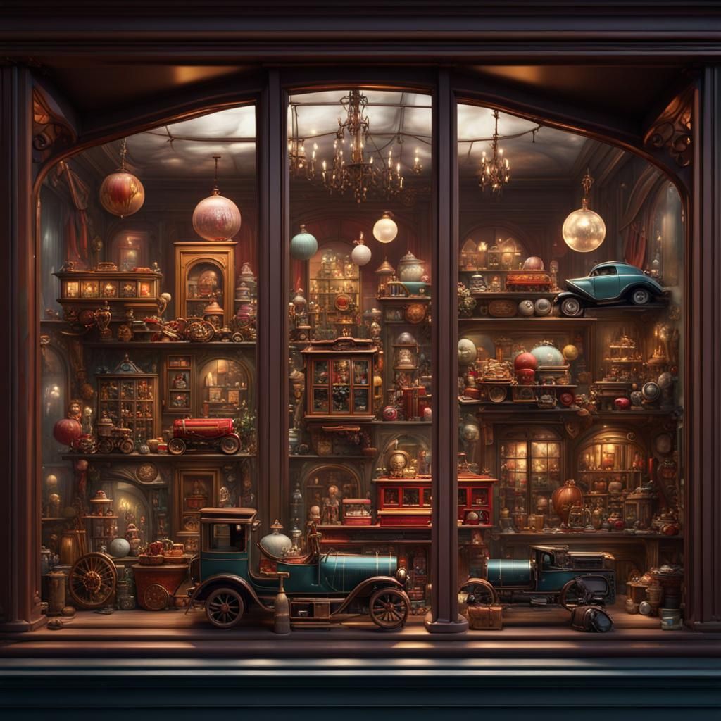 Ornate Shop Window Displaying Toys in Detailed Painting