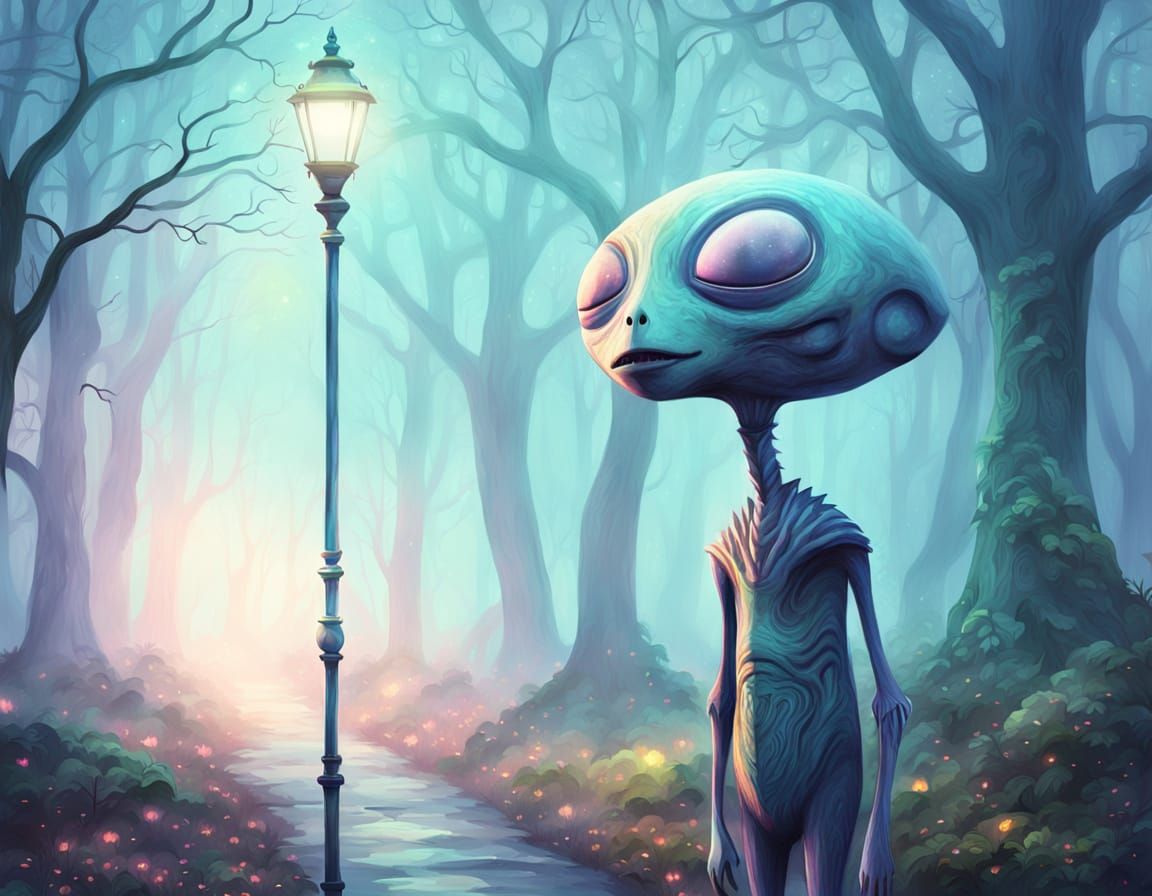 Alien in Misty Forest: Surreal Dreamlike Aquarelle
