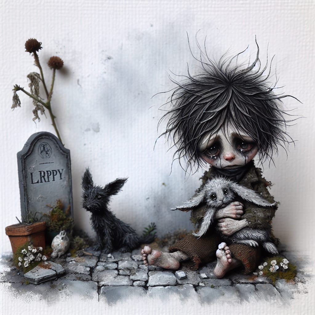 Spectral Boy with Rabbit Crying in Fog: Oil Painting