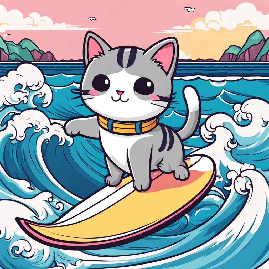 Kawaii Cat Surfing Waves at the Beach