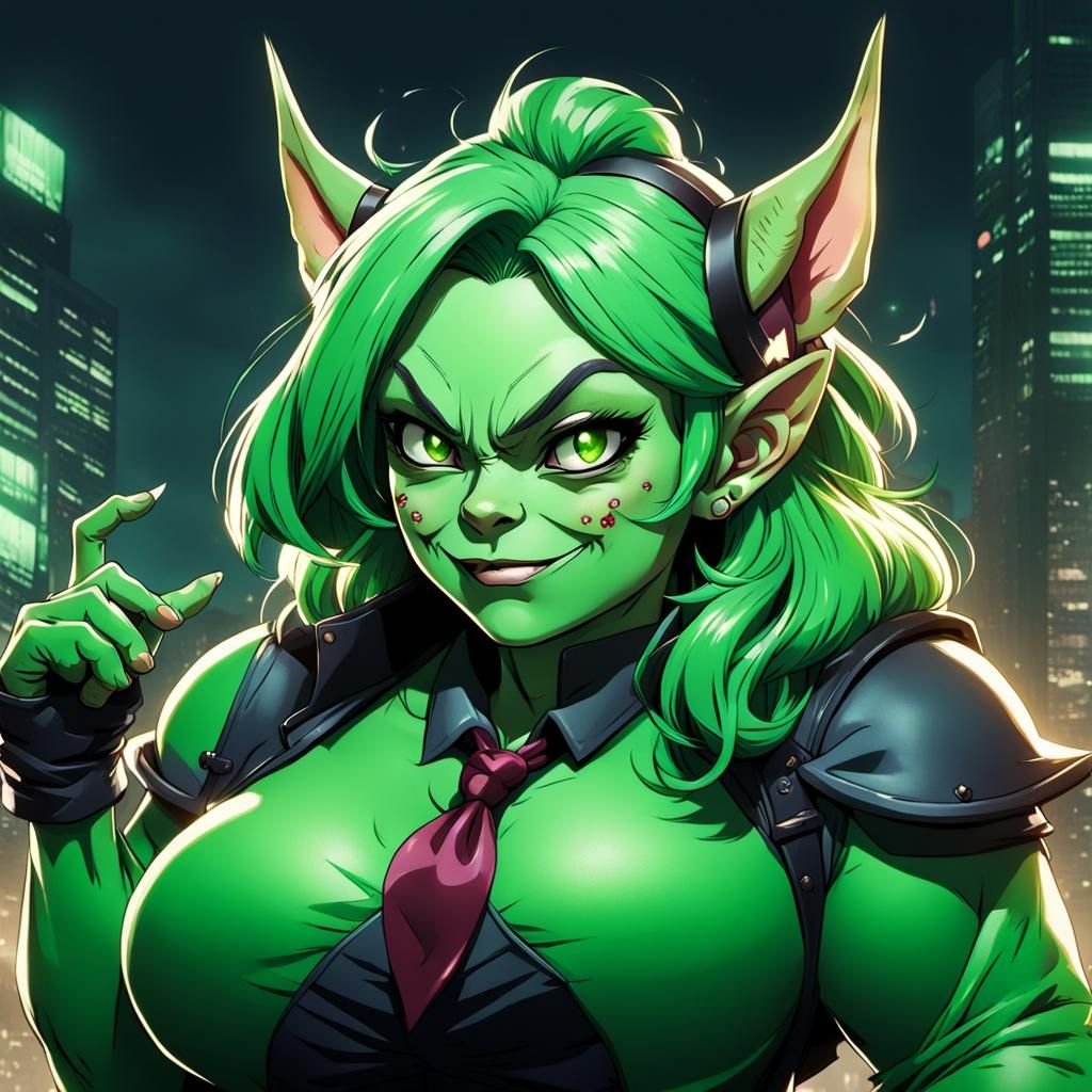 Cute Green Goblin Mobster's Girl in Anime Style