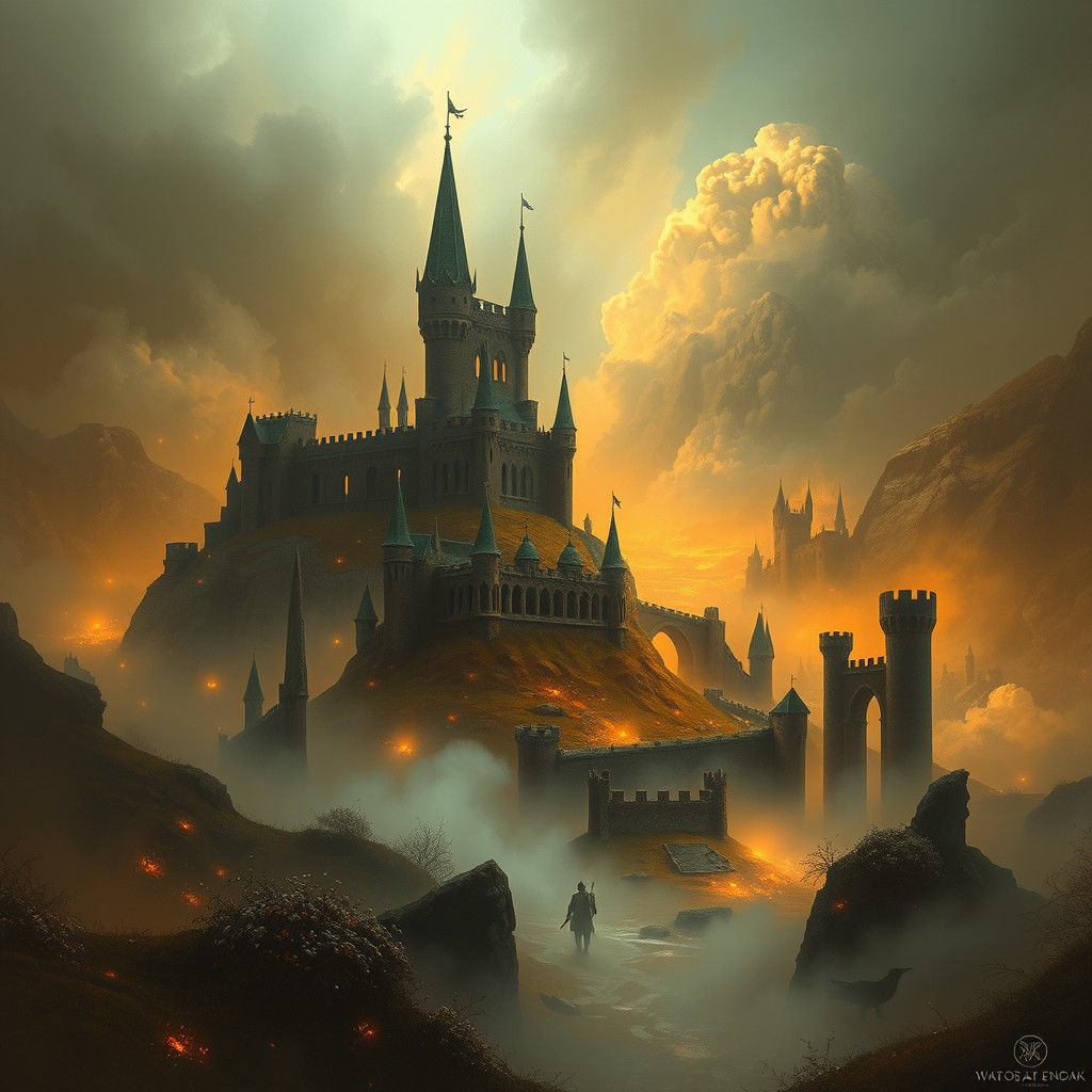 Mystical Warfare Landscape with Ethereal Mist