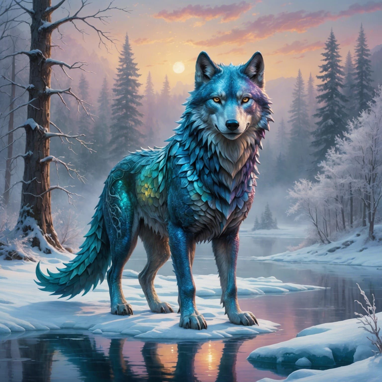 Iridescent Wolf-Dragon by Frozen Lake