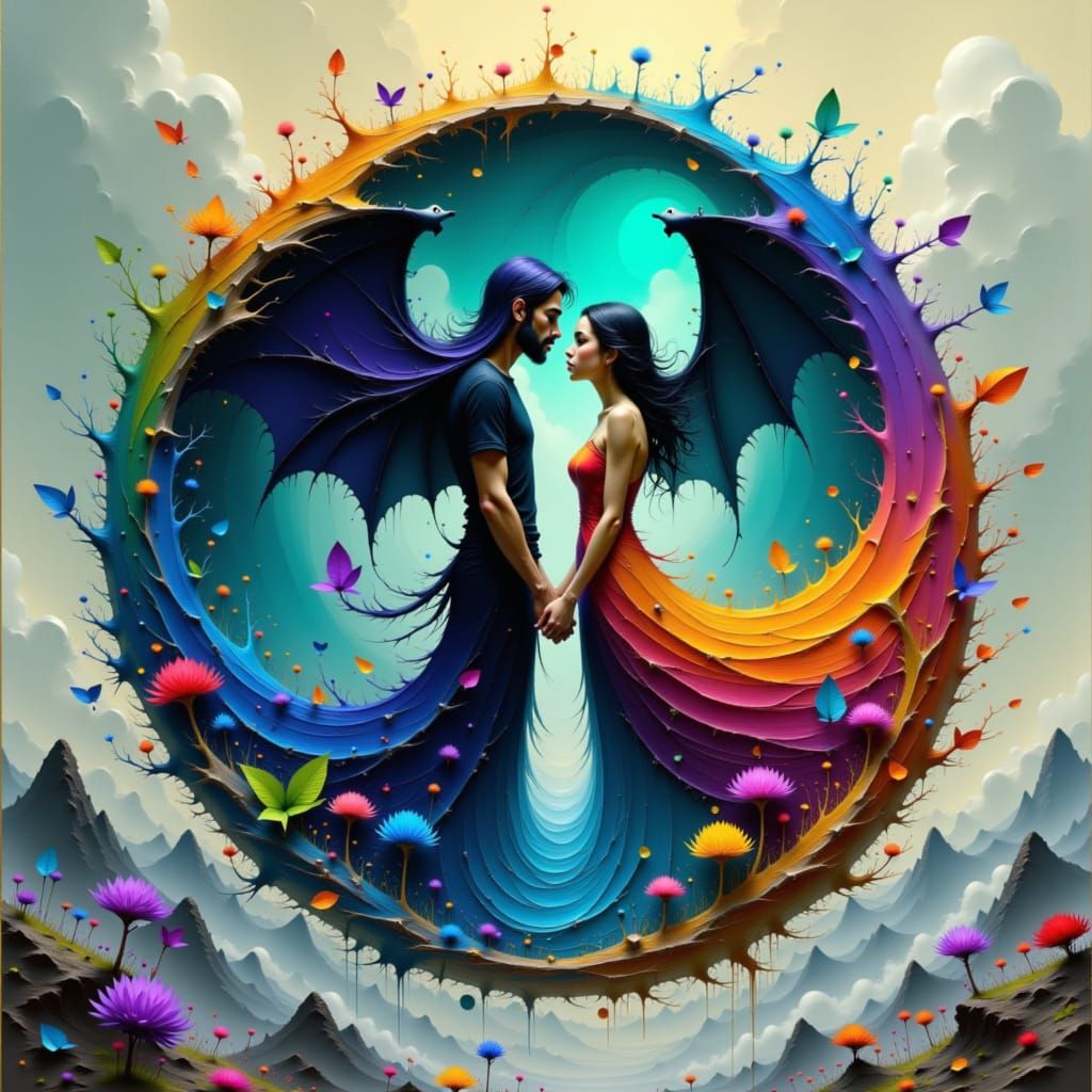 Couple Harnessing Elements in Dramatic Artistic Style