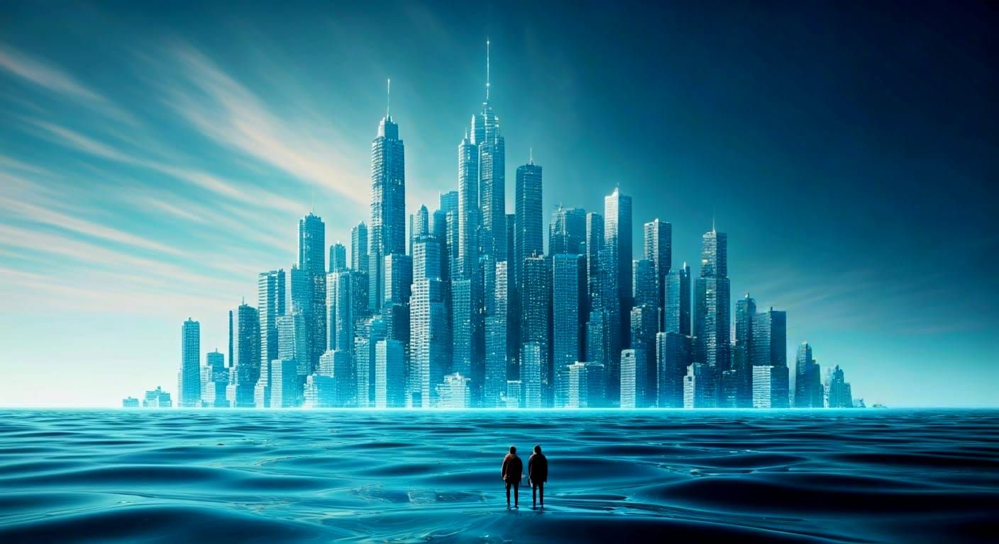 City Floating on Liquid Ocean in Watercolor Style