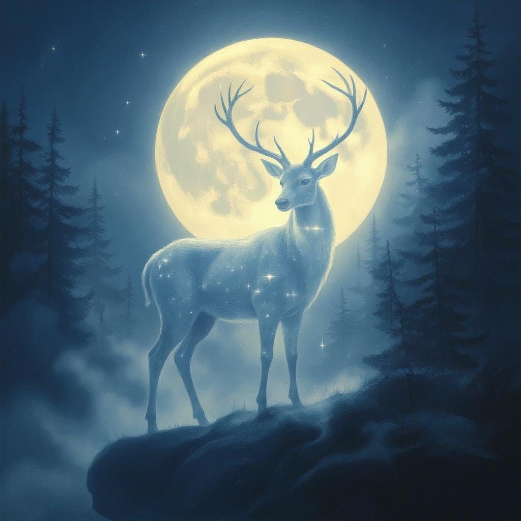 Ethereal Translucent Deer in Moonlight, Oil Painting