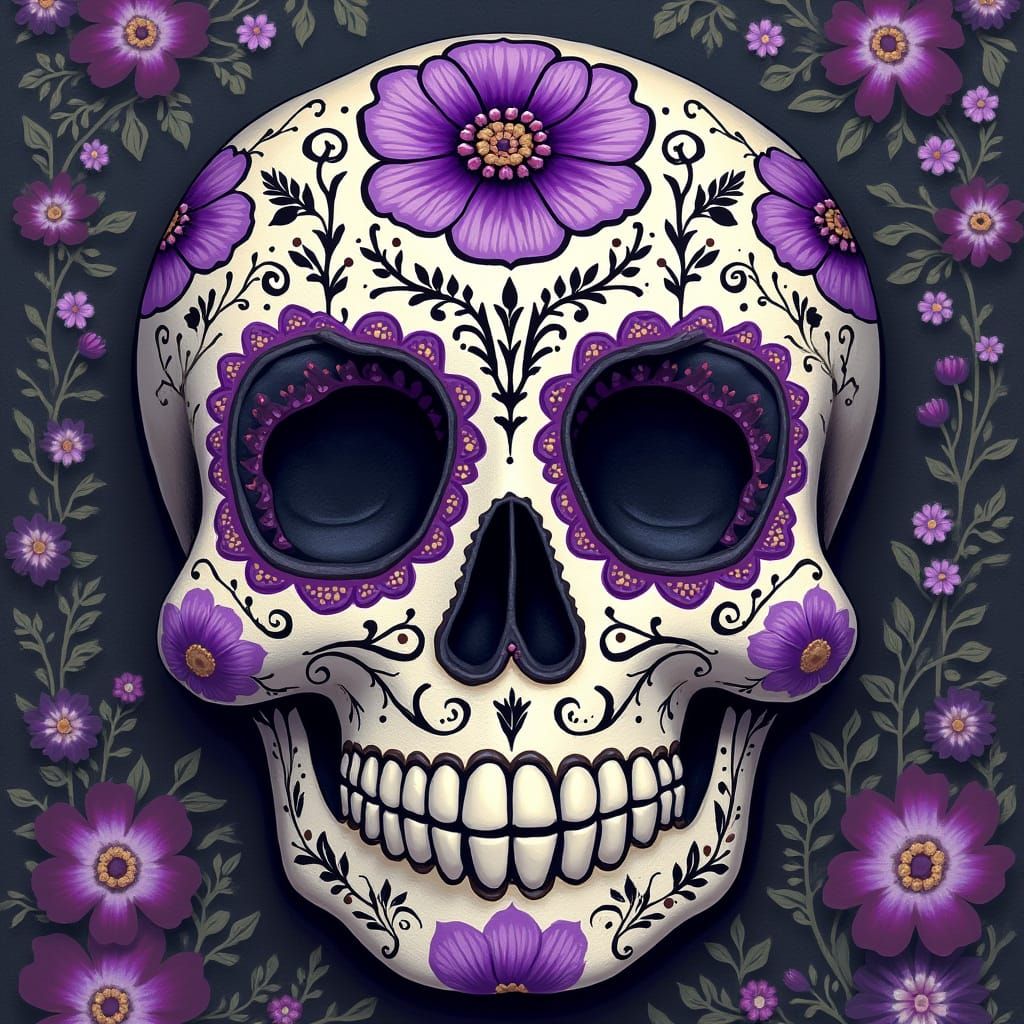 Vibrant Purple Sugar Skull in Ornate Filigree Style