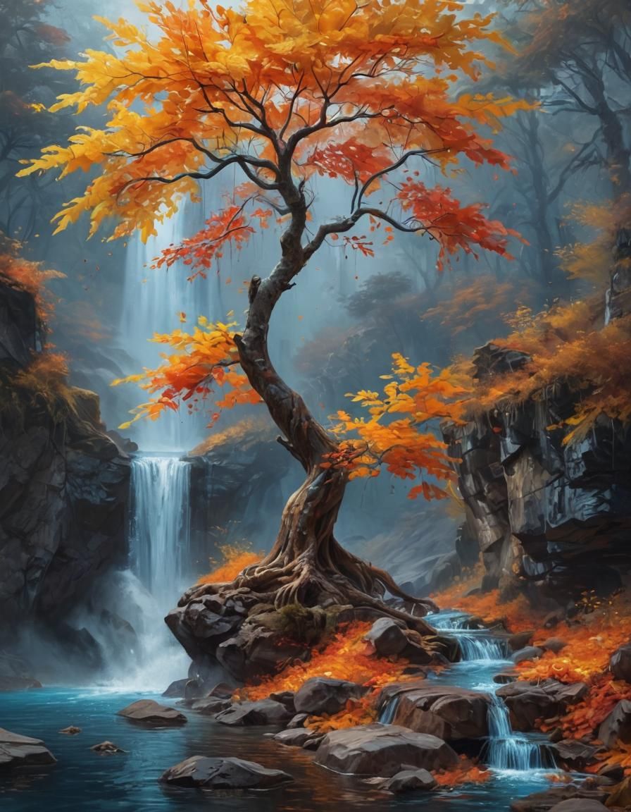 Autumn Tree Near Blue Waterfall Oil Painting