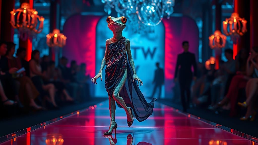 Gecko Fashion Model in Beaded Gown, Hyperrealistic Style