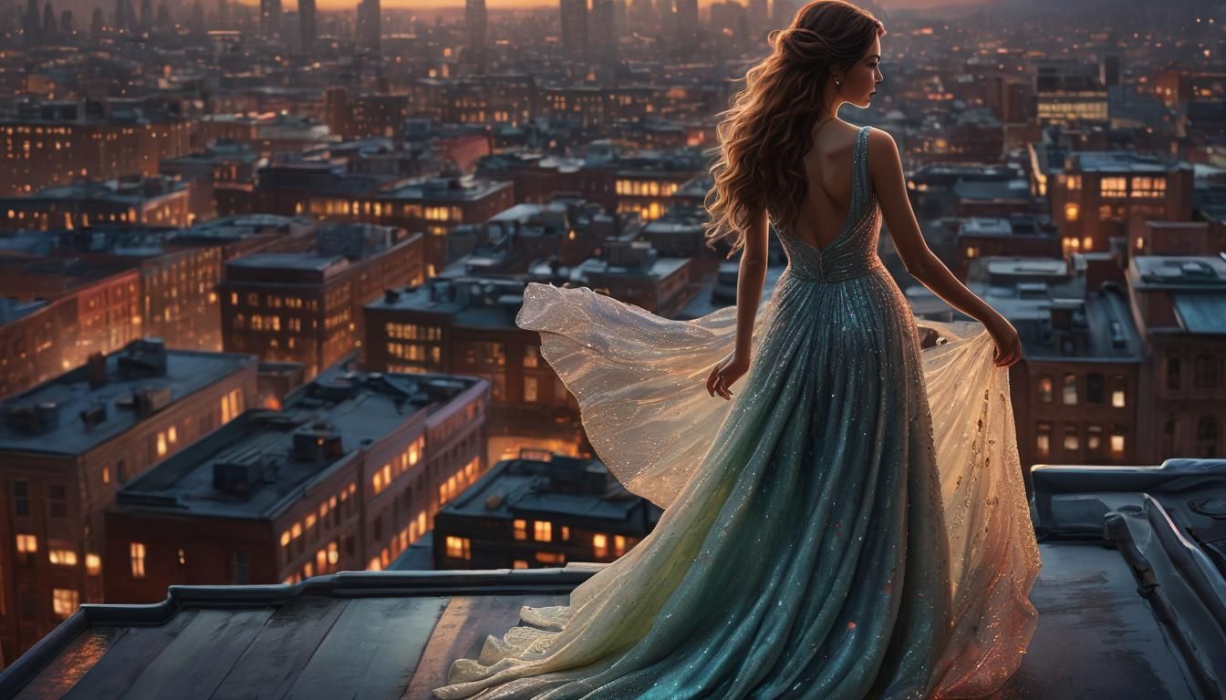 Woman in Gown Overlooking Cityscape: Digital Art