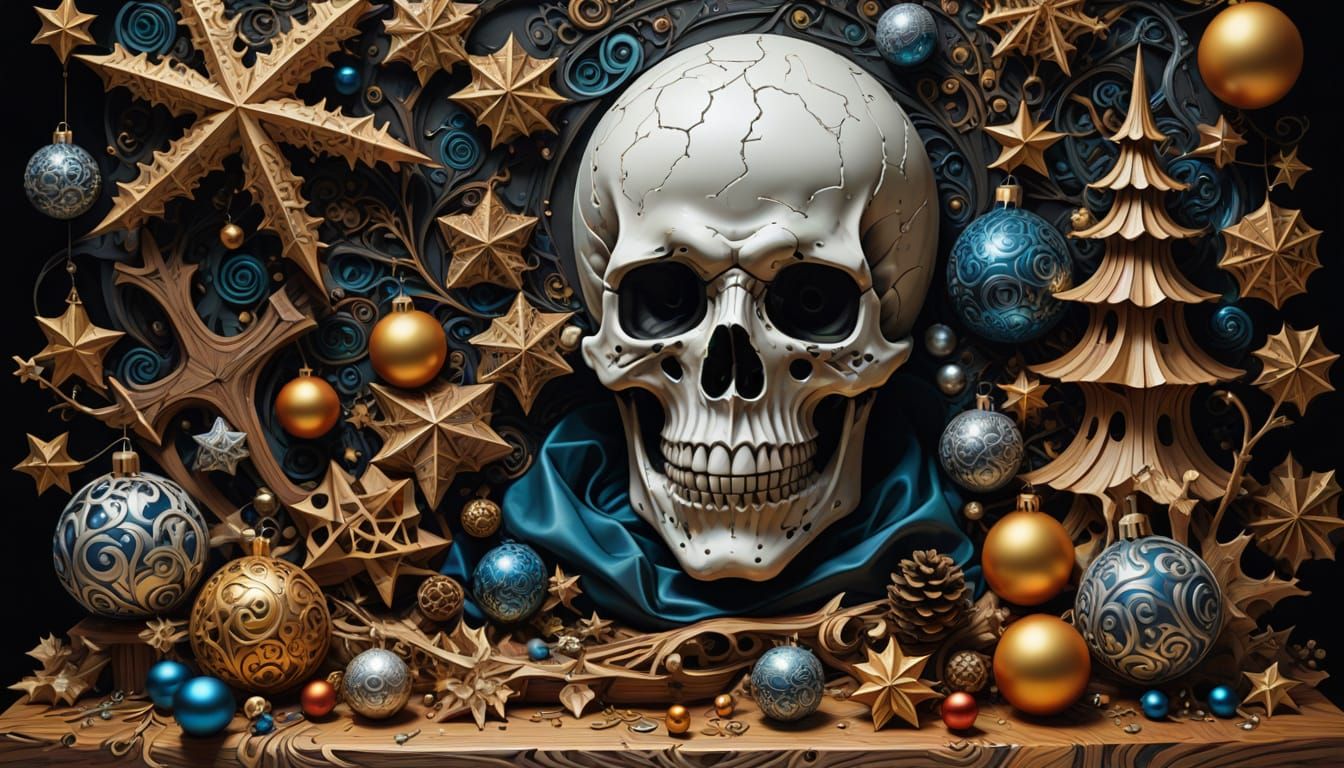 Wooden Vanitas Christmas Scene with Intricate Detail