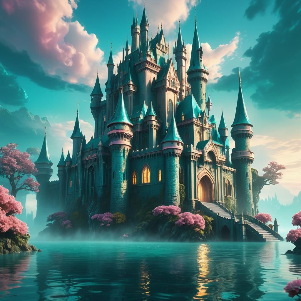 Teal and Rose Castle in Aqua Water