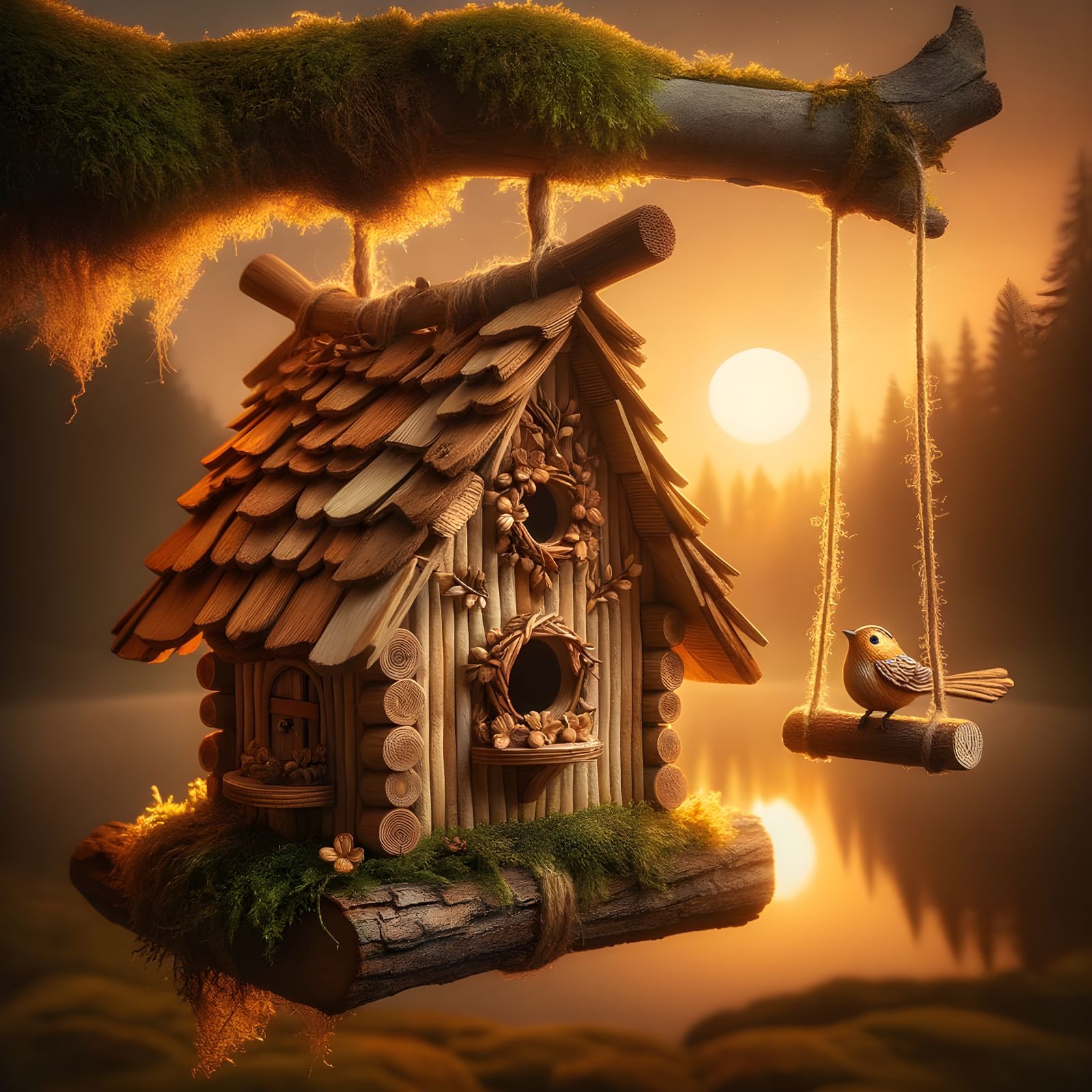 Magical Sunset Illuminates Birdhouse in Enchanted Forest