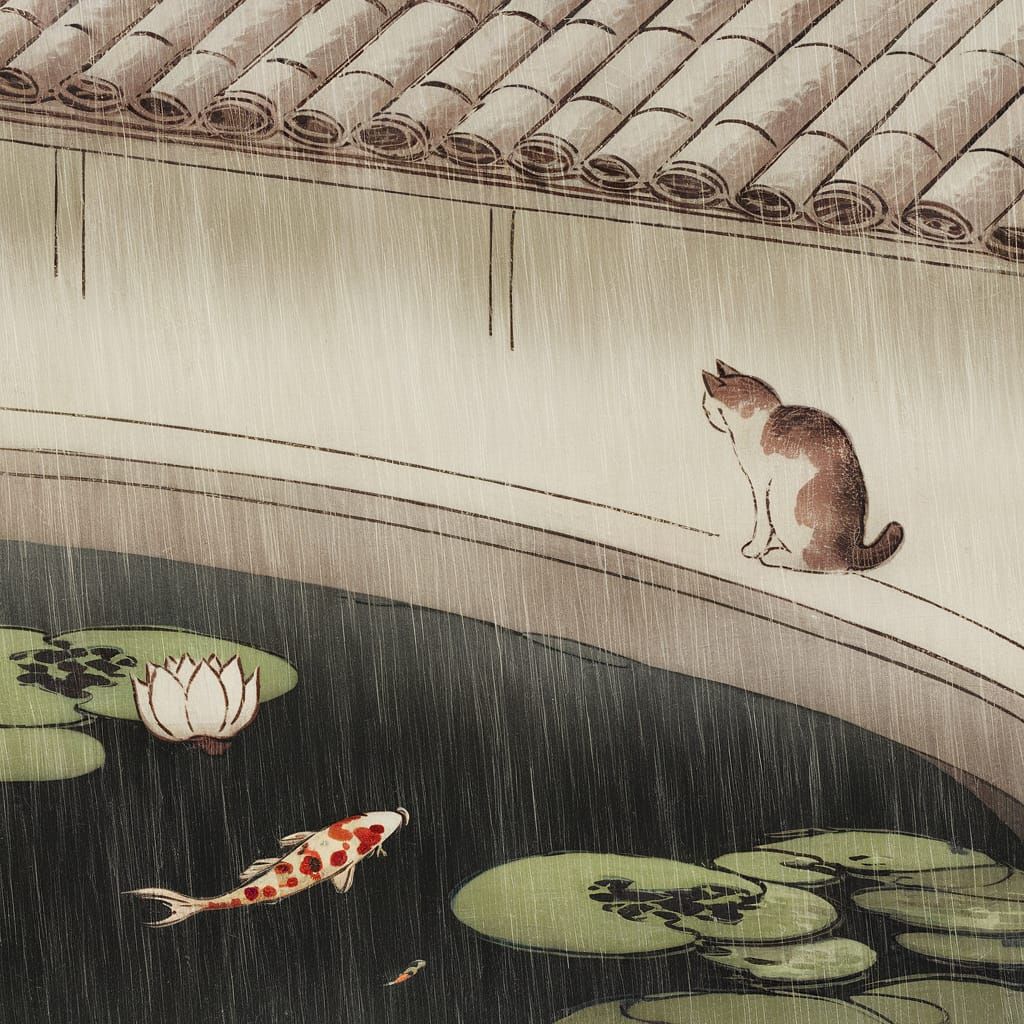 Japanese Woodblock Print of Koi Pond Scene