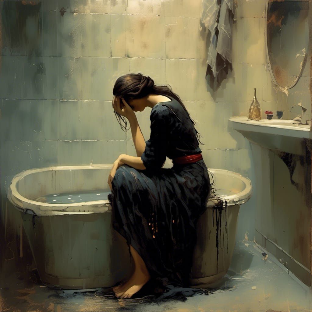 Melancholy Woman in Mucha-Inspired Dark Academia Style