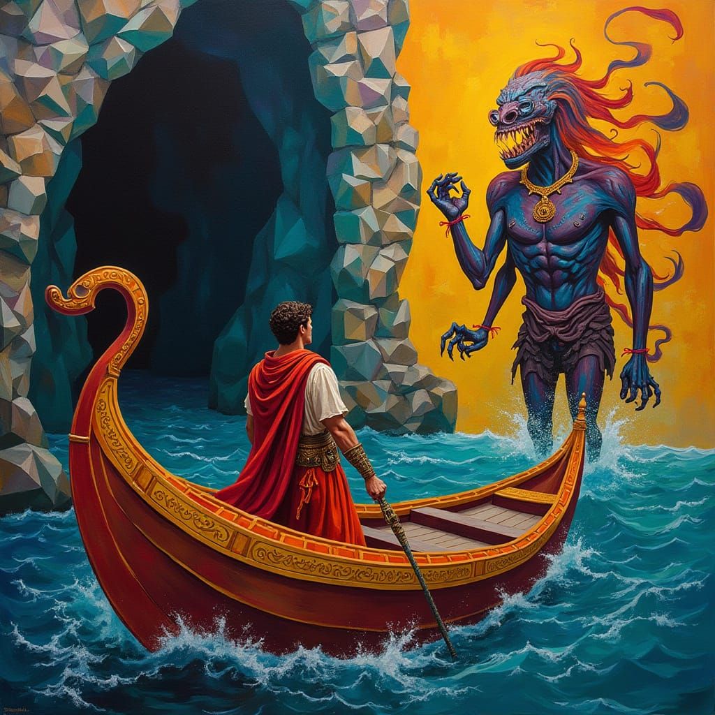 Greek Adventurer Confronts Cyclops in Neo-Cubist Style