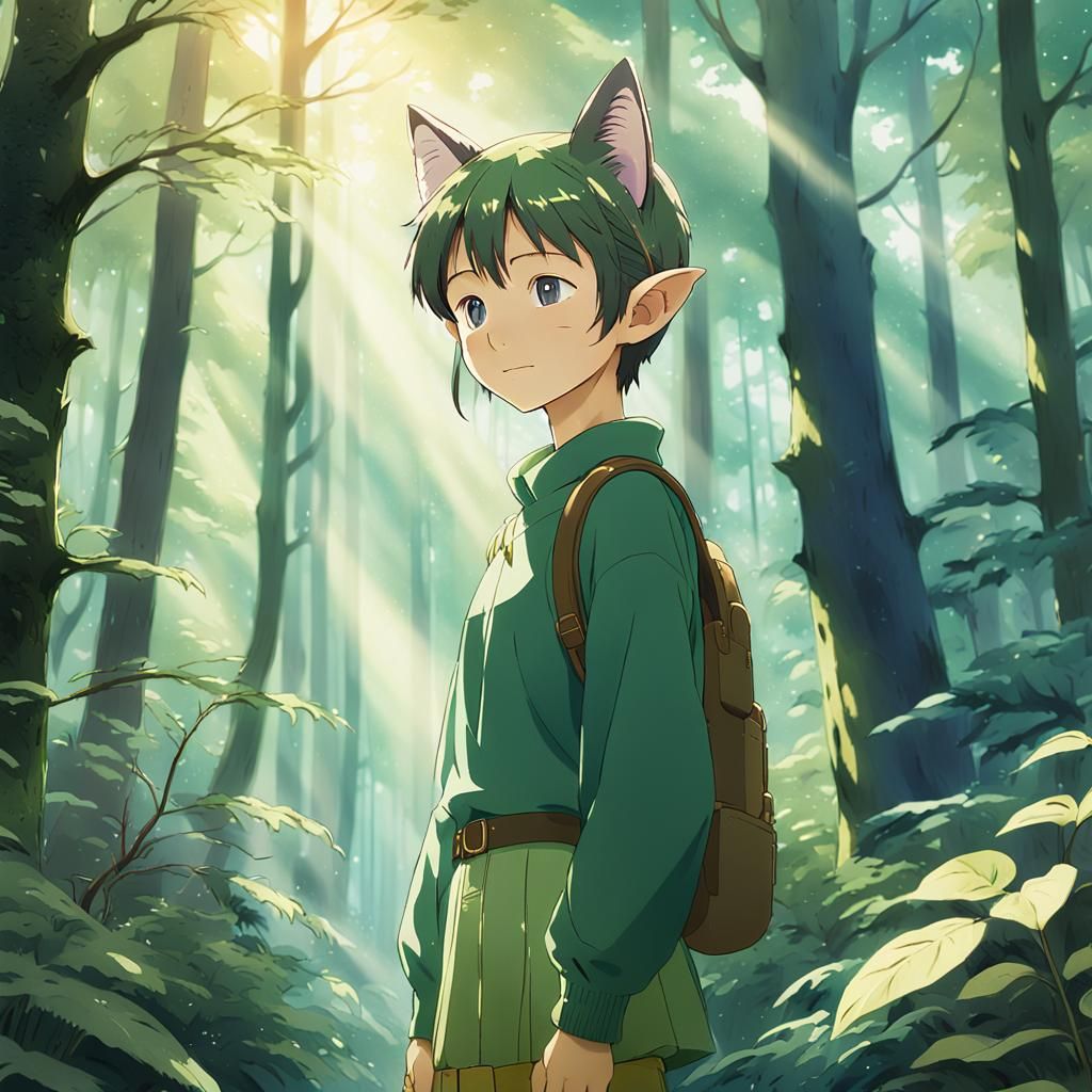 Androgynous Elf in Forest: Anime Watercolor Style