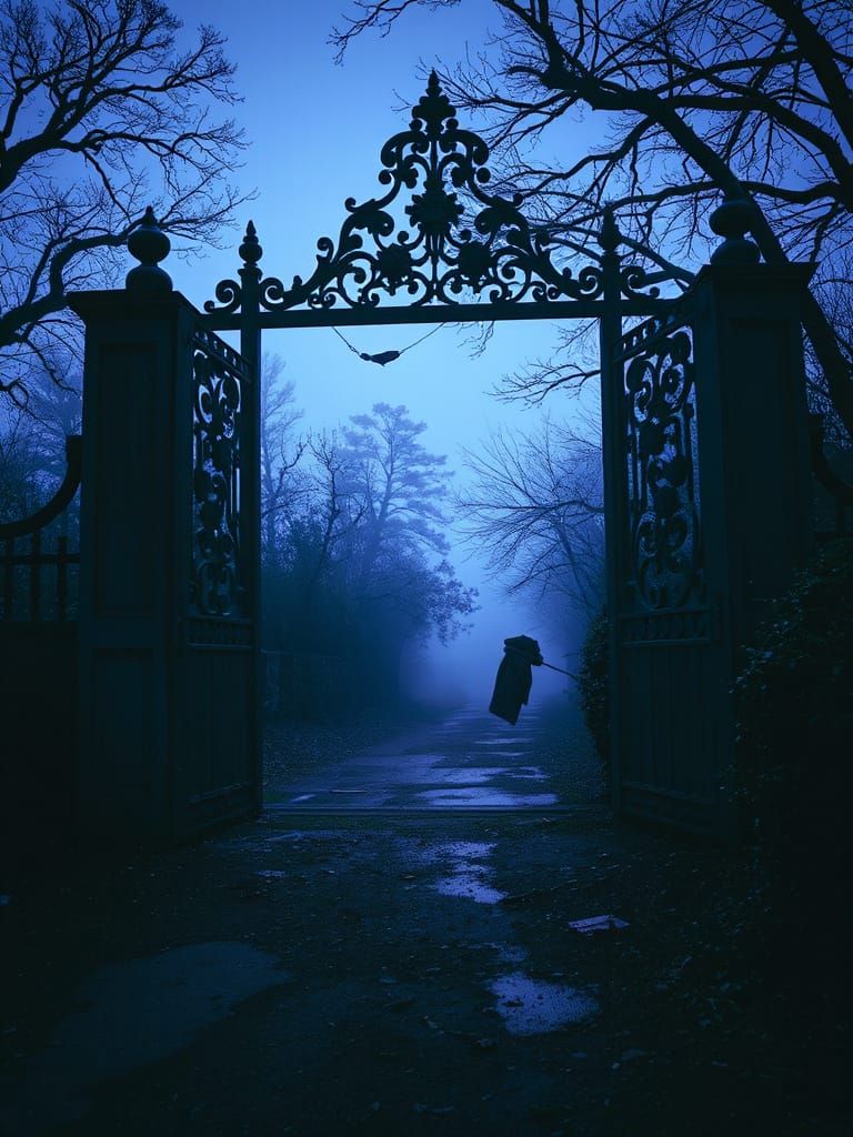 Ornate Wrought-Iron Gates to Dark Forest Path
