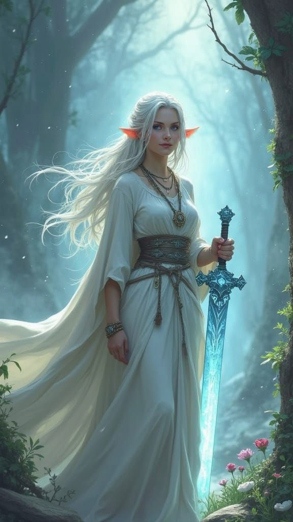 Half-Elf Cleric with Celestial Sword in Ethereal Light