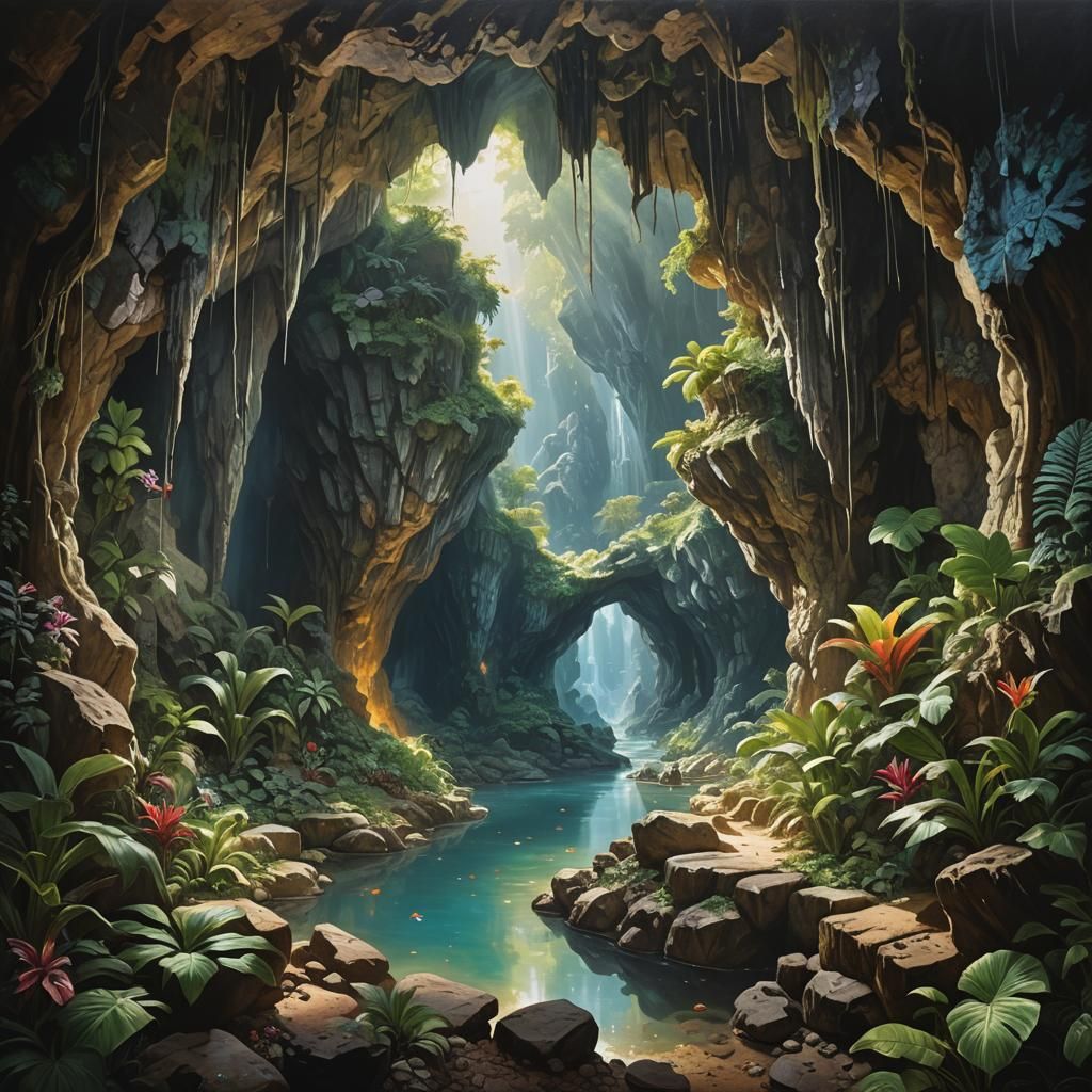 Lush Exotic World Revealed in Epic Cavern Painting