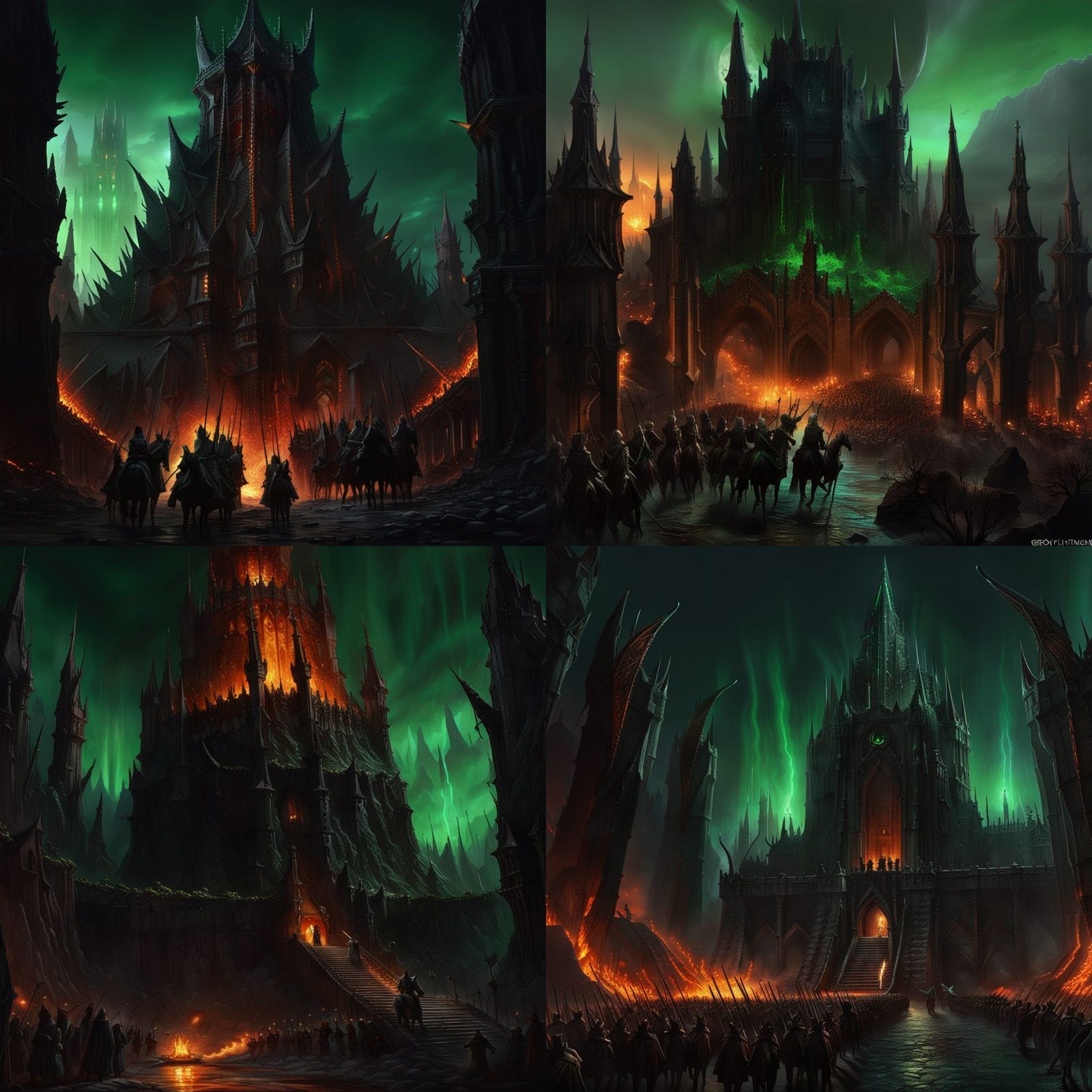 Dark Witch King Tower with Lava Moat, Dark Fantasy Art