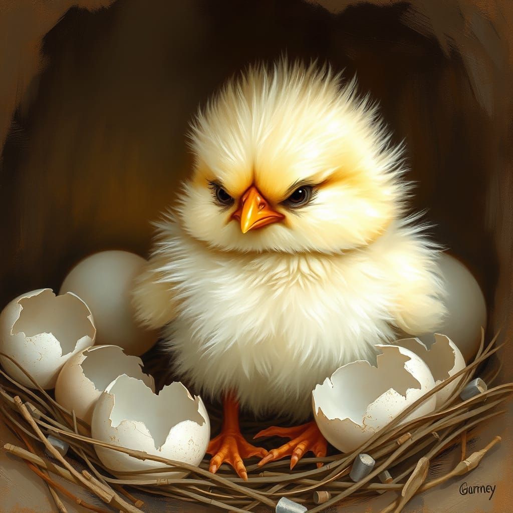 Grumpy Chick in Nest, Impressionist Oil Painting