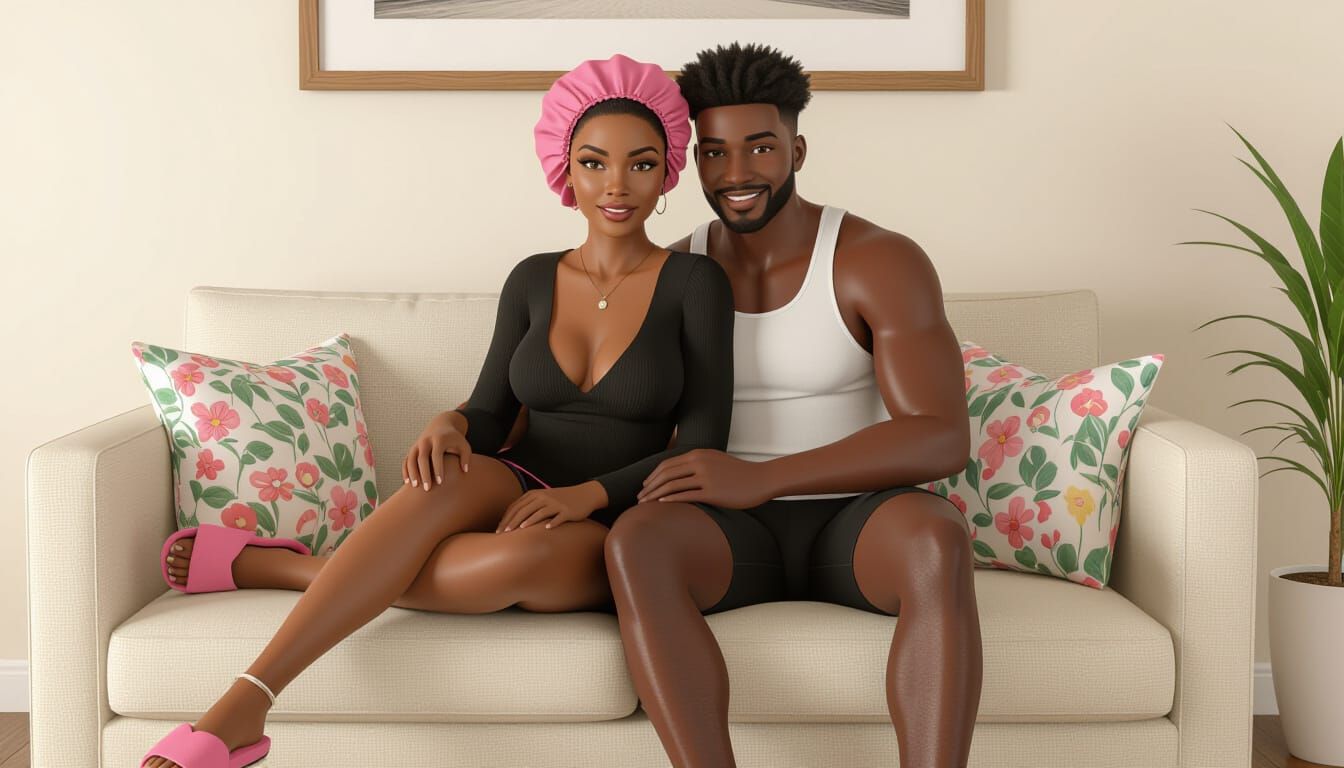 Animated Portrait of African Woman and Man Hugging