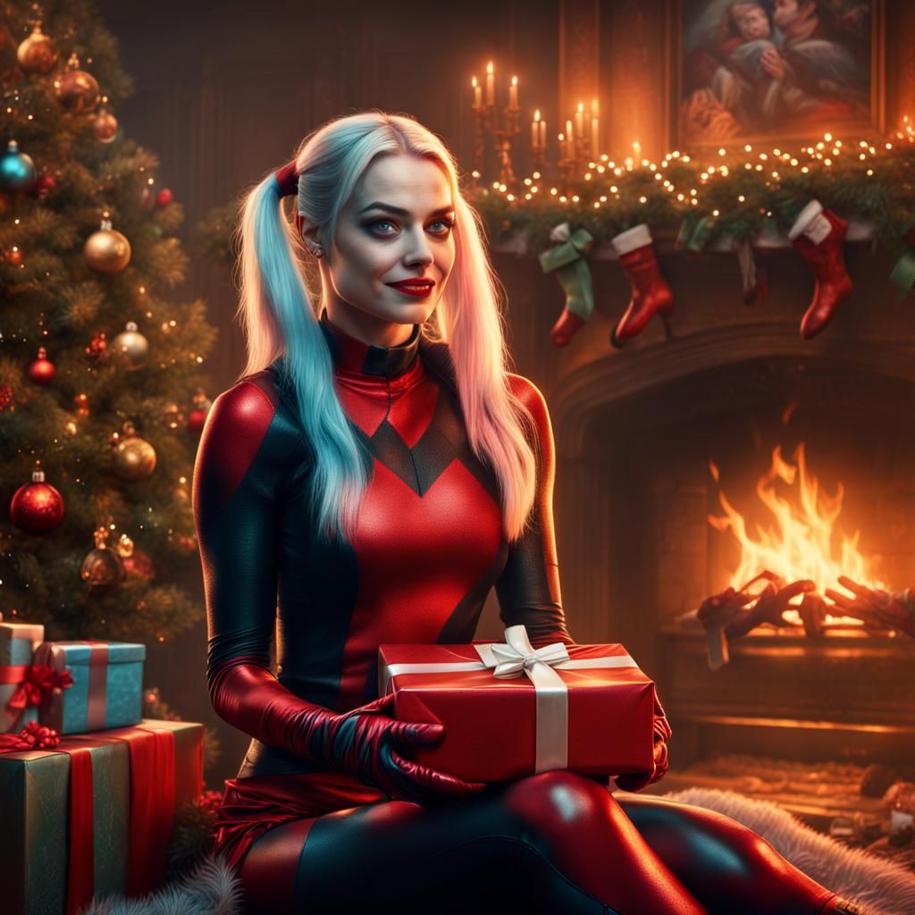 Harley Quinn Christmas Elf with Gift