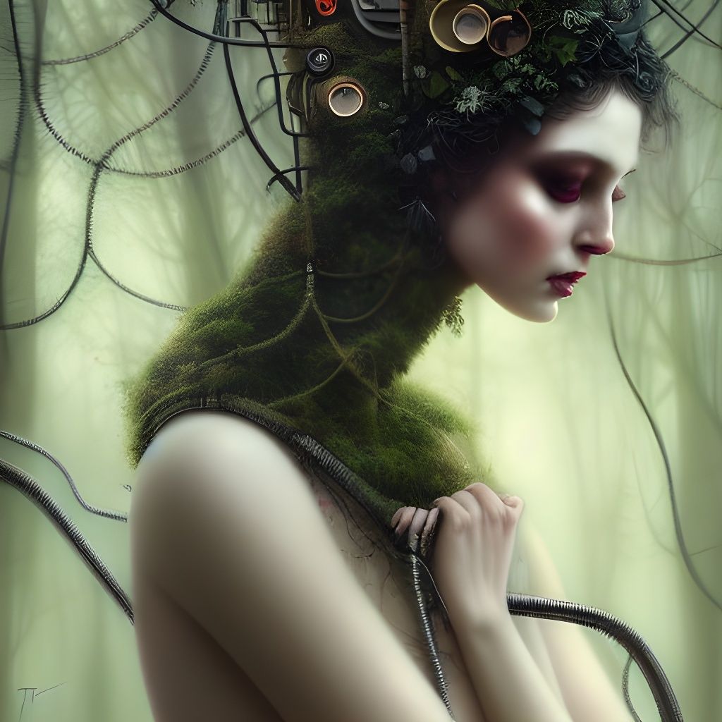 Nature and Cyber Goddess Embrace in Forest