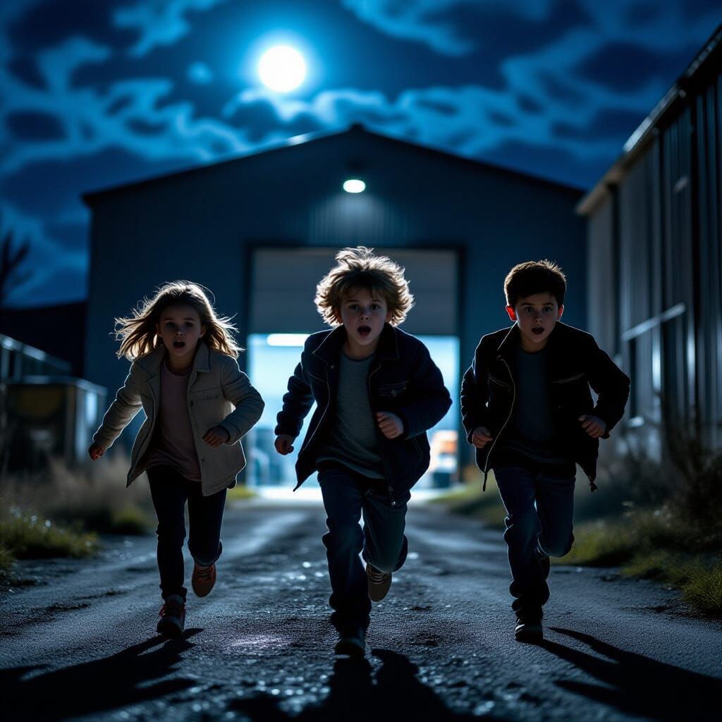 Children Fleeing Warehouse in Eerie Night Scene