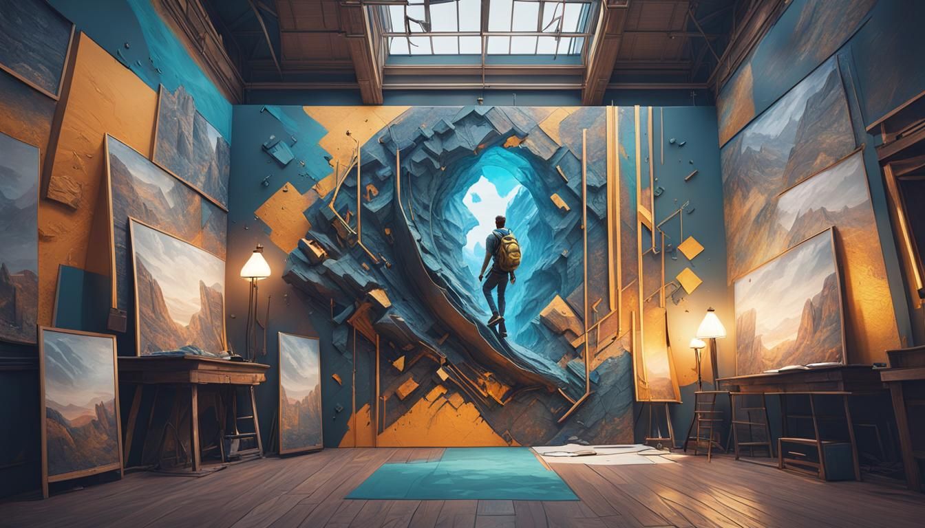 Man Climbing into Abstract Fractal Poster Painting