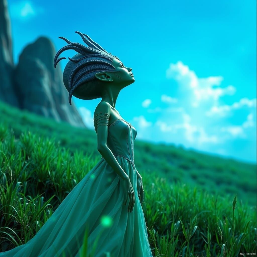 Green Alien in Teal Gown Gazes at Blue Sky in Digital Matte ...